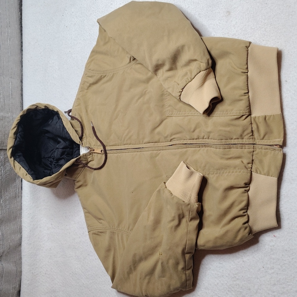VINTAGE Bomber Jacket Size Medium Beige Quilt Lined Hooded‎ Nylon Military